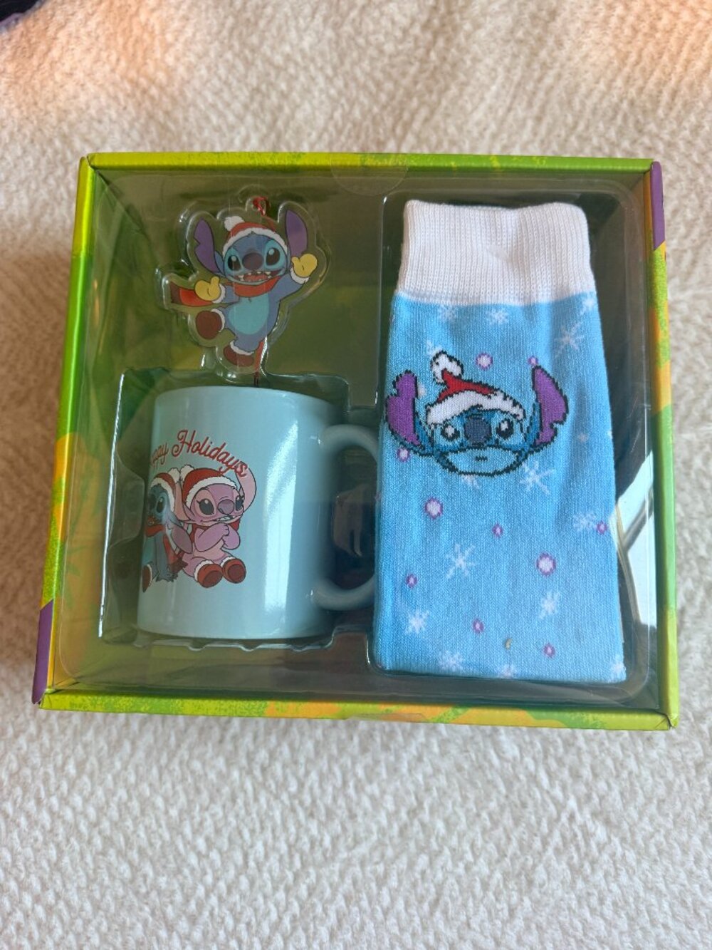 Disney Stitch & Angel Holiday Gift Set Mug Socks Door Hanger NIB